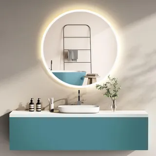 HOKO Design Badspiegel rund 60 cm Malaga mit Metall Rahmen Weiß. Runder Bad Wandspiegel LED beleuchtet + Touch Schalter + LED Licht Wechsel. - Weiß