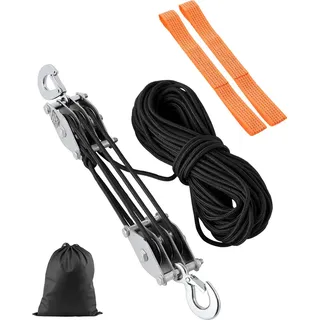 Vevor Flaschenzug, Bruchfestigkeit, 2T, 30m, Hubkraft, 5:1, Radlagerkonstruktion aus Metall, Umlenkrolle Universalseilzug zum Heben schwerer Gegenstände - Weiß, Silber