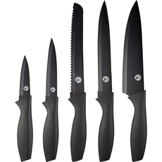 MasterChef, Küchen Messerset ink. Kochmesser, Gemüsemesser, Schälmesser, Schneidemesser & Brotmesser, Scharfe Messer Edelstahl, Antihaftbeschichtete, Soft-Touch-Griffe, 5-teilig, Schwarz