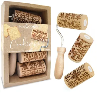 ScrapCooking 3798 Set Cookie Roll Weihnachten – 3 Mini-Gebäckrollen aus Holz mit Motiven – Dekos mit Prägung – Form für Kekse, Sandgestrahlt, Kekse