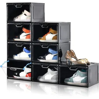 Amllas 8 Stück Schuhboxen aus schwarzem Kunststoff, stapelbar, großer Schuh-Organizer mit Deckel, Sneaker-Aufbewahrung, passend für Herren/Damen (34x26.9x21.1 cm)