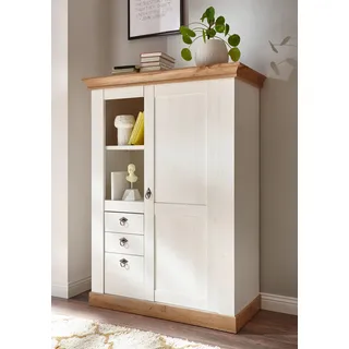 Home Affaire "Cremona, Schrank im Landhausstil, Wohnzimmerschrank, Mehrzweckschrank", Metallgriffe, ausreichend Stauraum, vielseitig einsetzbar, 139 cm hoch, pinie weiß nb, pinie weiß nb, applikation wotan eiche nb),