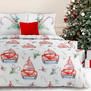 Eurofirany 3-tlg Bettwäsche 200x220 cm weiß rot Auto Weihnachten Deko - Weiß