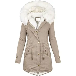 Winterjacke Damen Lang - Warmer Mantel mit Kapuze, Winterparka mit Reißverschluss, Slim-Fit Plüschjacke mit Kordelzug und Taschen, Schwarz, XL - Grün