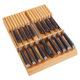 Messerblock für Schublade, Bambus Küchenmesser Organizer, 16 Messer & 1 Wetzstahl Halterung, 42,2 x 31 x 4,5 cm