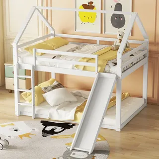 okwish Etagenbett mit 1*Matratze 140x200 Kinderbett Jugendbett mit Rutsche und Treppe,Hausbett aus massiver Kiefer,Weiß - Weiß