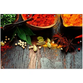 Wallario Outdoor-Poster für Garten oder Balkon, Motiv Gewürze auf Holz - uriger Holztisch in der Küche, in ca. 100 x 150 cm - Braun