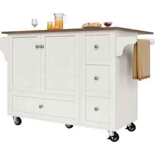 Abrihome Servierwagen rollbar mit Schublade und verstellbarer Ablage, Klappbarer Tischplatte mit Holzmaserung, Weiß - Weiß