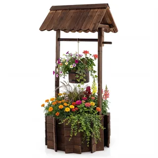 COSTWAY Holzbrunnen mit Dach, Wunschbrunnen Garten, Blumenkübel Dekobrunnen Blumentopf, Dekoration für Draußen Veranda, Zierbrunnen Brunnen Gartenbrunnen, 56 x 56 x 119 cm, Braun