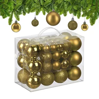Relaxdays Weihnachtskugeln im 50er Set, Kunststoff, glitzernde, Matte, glänzende Baumkugeln, Christbaumschmuck, Gold