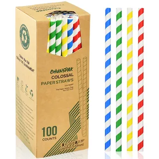 26 cm Extra Lang 10 mm Breit Große Einweg Trinkhalme aus Papier für Dicke Smoothies, Milchshakes – Bunte Streifen, 100 Stück, 100% Biologisch Abbaubar