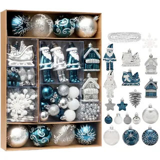 Fouriding 50 Stückes Weihnachtskugeln Kunststoff Christbaumkugeln Hängende Dekoration für Weihnachtsbaumschmuck Dekoration (Blau)