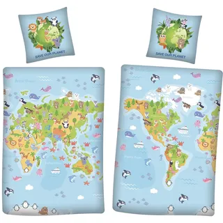 Aymax Save Our Planet Weltkarte Wende Bettwäsche 80 x 80 cm + 135 x 200 cm 100% Baumwolle