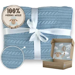 MIRARI Kids Babydecke, gestrickt, 100 Merinowolle, Strickdecke, 75 x 100 cm, warme Decke, Hellblau