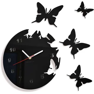 FLEXISTYLE Große Moderne Wanduhr Schmetterling Schwarz rund 30cm, 3D DIY, Wohnzimmer, Schlafzimmer, Kinderzimmer