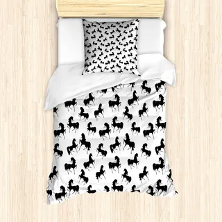 ABAKUHAUS Pferde Mantele, Monochrome Farm Animal, Milbensicher Allergiker geeignet mit Kissenbezügen, 135 cm x 200 cm - 80 x 80 cm, Schwarz-Weiss