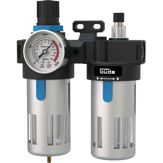 Güde Wartungseinheit 1/4 (Anschlussgewinde IG 1/4", max. Arbeitsdruck 10 bar, Anbau an einen Kompressor, Arbeitsdruckeinstellung, reinigt, filtert & ölt die Druckluft, inkl. Ablassventil & Manometer)