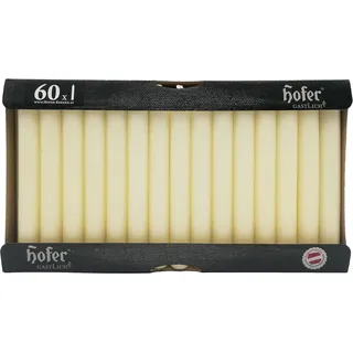 Hofer Lange Tafelkerzen, 60 Stück Set (1x60), dim. 21,5x180 mm, Elfenbeinfarbe, Lange Brenndauer ca. 5 Stunden, Set mit 60 dünnen Spitzkerzen aus tropffrei Wachs
