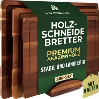 Schneidebrett Holz 3er Set aus Akazienholz mit Ständer und Saftrille