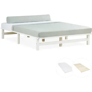 Homestyle4u Holzbett mit Matratze 140/200 cm weiß , Holz , Kiefer , 140x200 cm , Schlafzimmer, Betten
