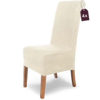 Scheffler-Home Stretch Stuhlhussen Sofia Weiß-Ecru 4er Set/elastische Stuhlabdeckungen/Schwingstühle/Flanell Spann-Stuhlhussen Hochlehner mit Gummiband