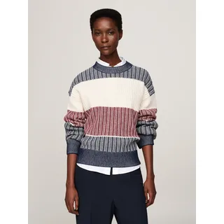 Strickpullover TOMMY HILFIGER "GLOBAL STP ALL OVER SWEATER", Damen, Gr. S (36), blau (desert sky), Strick, Obermaterial: 100% Wolle, unifarben, regular fit, Rundhals, Bündchen, Pullover Strickpullover, mit Tommy Hilfiger Global Stripe