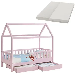 Juskys Kinderbett Marli 90 x 200 cm Kiefer massiv lackiert rosa