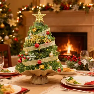 powerking Mini Christmas Tree, 60CM Artificial Xmas Tree with DIY Hanging Ornaments and LED Lights, Battery Operated (Batteries Not Included) for Christmas Home Office Table Decorations