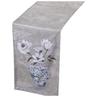 Alexandra House Living Tischläufer grau Textil 180 x 30 cm Blumen Vase Samt