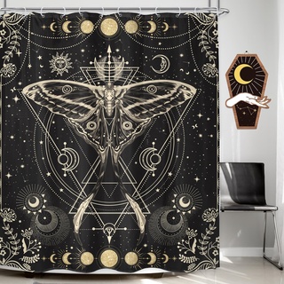 LGhtyro Duschvorhang mit Goldener Motte, 152 x 180 cm, Mondphase, Duschvorhang, Badezimmer-Set, Gothic, schwarzer Schmetterling, Mondlicht, Badevorhang, Hexe, Tarot, Halloween, Badewannenzubehör,