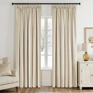 EMEMA Samtvorhang mit Kräuselband Beige Samt Gardinen Deko Blickdichte Vorhänge 2er Set, Schöne Dicke und Schwere Wohnzimmer Schlafzimmer Verdunkelung Thermovorhang Samt kräuselband, H225xB140 cm