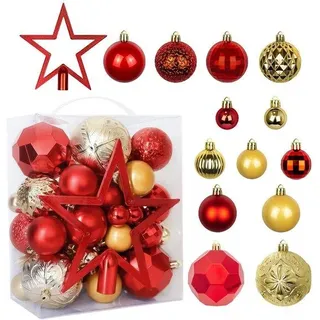 Unyqoos® 50‐tlg. Set unzerbrechliche Weihnachtskugeln aus Kunststoff, rot & gold – Ø 3–8 cm, inkl. 20 cm Sternspitze, mit Aufhängschnüren - Gold, Rot