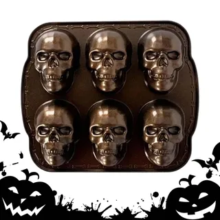 Totenkopf-Backform – Aluminium-Legierung, Totenkopf-Backform, goldfarben, 6 Mulden, gruseliger -Totenkopf-Kuchenblech, temperaturbeständig, Backform für Halloween, Kekse, Kuchen