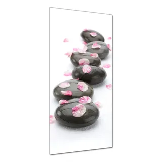 Wallario selbstklebende Duschrückwand 70 x 180 cm mit Motiv Dunkle Steine mit Blütenblättern - Wandverkleidung mit Hochglanzlaminat in Glasoptik - Weiß