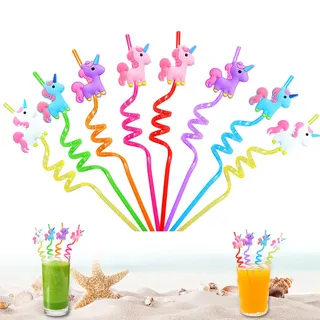 8 Stück Einhorn Strohhalme Wiederverwendbar, Bunte Lockige Trinkhalme mit Reinigungsbürste, für Kindergeburtstag Partydeko, Mitgebsel Geschenk