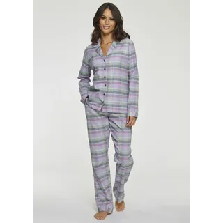 Pyjama, Damen, Gr. 36, lila (lila, kariert), Flanell, Obermaterial: 100% Baumwolle, VIVANCE DREAMS BY LASCANA, kariert, klassisch lang, V-Ausschnitt, Homewear-Sets Pyjama, aus kuschelig weichem Flanell