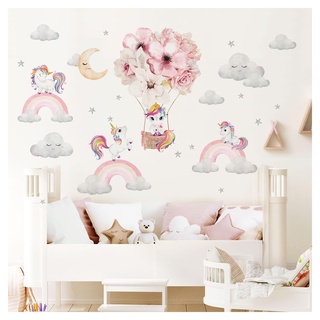 DEKO KINDERZIMMER Wandsticker Einhorn Regenbogen Kinderzimmer Wandtattoo Heißluftballon Blumen Wandaufkleber Wolken Mond Babyzimmer Wanddeko DK1069-2