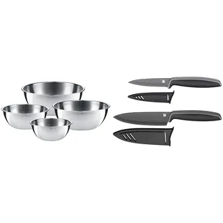 WMF Gourmet Schüsselset 4-teilig, für die Küche 0,75l-2,75l & Touch Messerset 2-teilig, Küchenmesser mit Schutzhülle, Spezialklingenstahl antihaftbeschichtet, scharf, Kochmesser, Gemüsemesser, schwarz