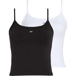 Tanktop TOMMY JEANS "TJW 2PACK ESSENTIAL STRAP TOP", Damen, Gr. XL (42), schwarz-weiß (weiß, schwarz), Jersey, Obermaterial: 95% Baumwolle, 5% Elasthan, unifarben, figurbetont kurz, eckiger Ausschnitt, Tops Tanktop, mit Logo-Flag