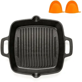 WELL GRILL 30cm Gusseisenpfanne, Gusseisen Pfanne mit Griffen, Rechteckig Bratpfanne, Pre-Seasoned Steakpfanne BBQ Gusspfanne für Induktion & Gasgrill, Backofen und alle Herdarten