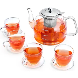 1200ml Teekanne Glas Set 4 Gläser Borosilikatglas Teekanne mit Siebeinsatz