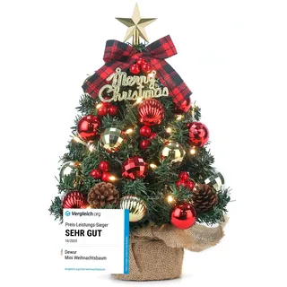 Mini Weihnachtsbaum Kleiner Weihnachtsbaum mit Beleuchtung LED Tisch Weihnachtsbaum klein künstlich geschmückt für Weihnachten Deko 40cm (Rot)