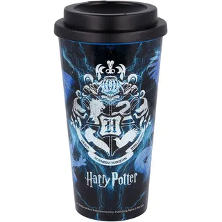 Elbenwald Harry Potter Thermobecher - 520 ml - Coffee-To-Go-Becher mit Schraubverschluss (17,5 cm Höhe) - Blau mit Hogwarts Wappen Logo