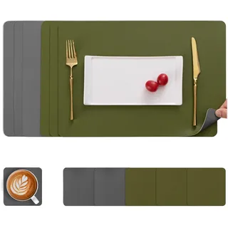 Myir JUN Tischsets Abwaschbar und Untersetzer, Platzset Leder Platzdeckchen Abwaschbar Doppelseitigen Tischsets Umkehrbares Tischset rutschfest Tischset Lederoptik (Grau Grün 01, Satz von 6)