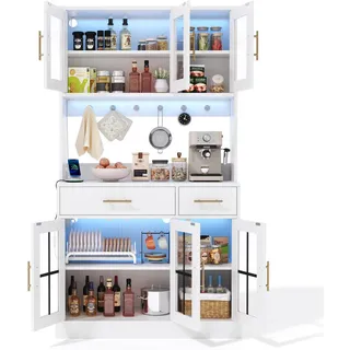 Modfu Buffet Küchenanrichte aus MDF 100x40x180 cm Weiß mit LED-Beleuchtung, 6 Türen, 2 Schubladen und verstellbaren Einlegeböden , Holzwerkstoff , 100x180x40 cm , Esszimmer, Anrichten, Buffetschränke