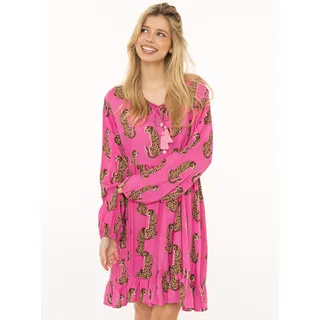 Sommerkleid ZWILLINGSHERZ "Loevely Leopard", Damen, Gr. S/M, N-Gr, pink, Web, Obermaterial: 100% Viskose, Kleider Sommerkleid, Leopardenmotiv, mit Tassel, lange Ärmel, figurumspielend