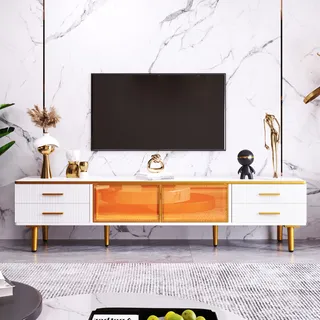 okwish TV-Schrank Fernsehschrank mit goldenen Griffen, TV-Lowboard mit 5 große Stauräume mit gehärtetem Glas170*37*47,5 cm weiß - Weiß