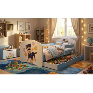 1x Happy Babies Kinderbett mit Rausfallschutz Junge 140x70 Bett für Kinderzimmer mit Schublade Matratze Einzelbett für Kinder Weiß Blau Hundemotiv - Blau