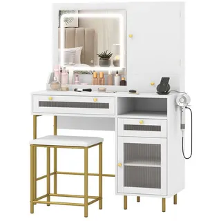 Costway Schminktisch Frisiertisch Kosmetiktisch mit Ladestation, LEDs, Schmuckschrank, Hocker, Spiegel, 3 Schubladen & Haartrocknerhalterung weiß - Weiß