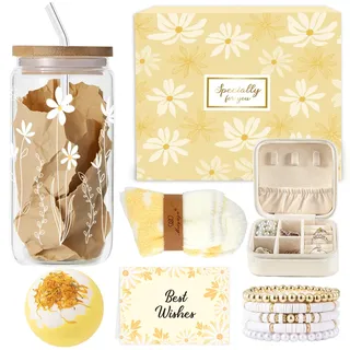 Geschenke für Mädchen Teenager 8 9 10 11 12 13 14 15 16 Jahre, Geburtstag Geschenk Mädchen Glasbecher, Trinkglas mit Strohhalm und Deckel, Kaffeetasse Armband Socken Schmuckkästchen Badebomben Sachen